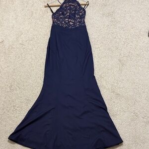 Elegant Navy Lace Evening Gown